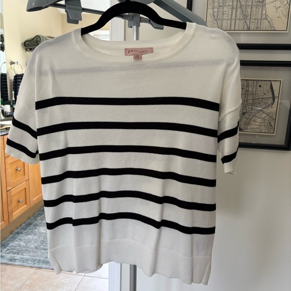 Philosophy Tops - Philosophy White and Black Striped Sweater, Size Small